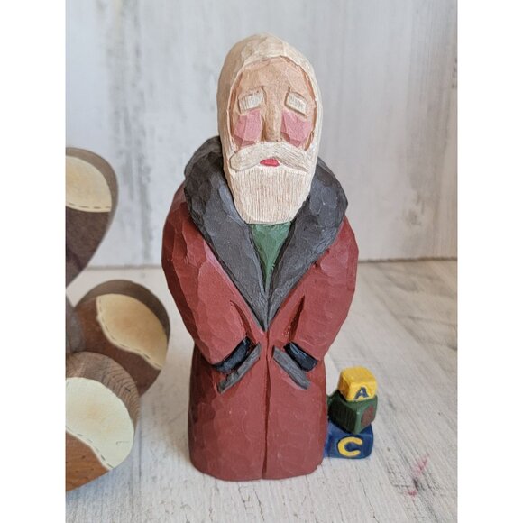 Vintage wooden teddy bear Santa Claus unique rustic folk art set decor - Picture 4 of 7